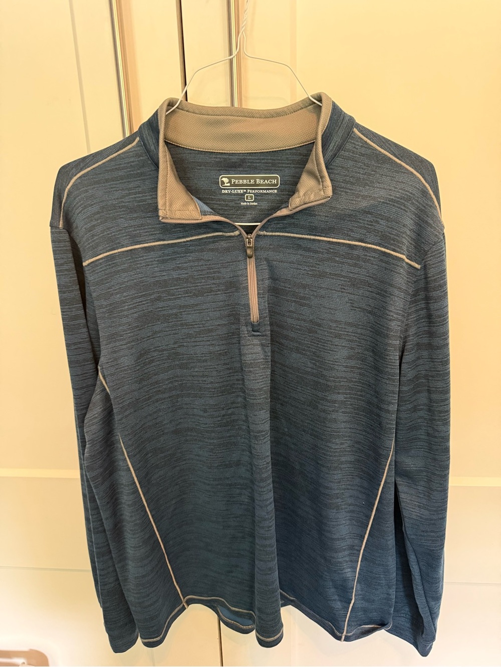 Pebble Beach Men's Heathered Blue Quarter-Zip with Tan Trim